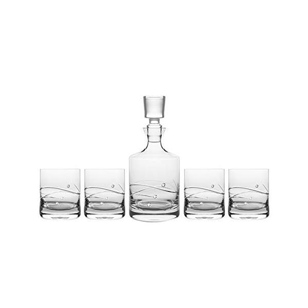 Barski - Set of 5 - Handmade Glass - Sparkle - 26 oz. Whiskey Decanter with 4 Tumblers 10.5 oz. Glasses - Decorated with Real Swarovski Diamonds - Gif