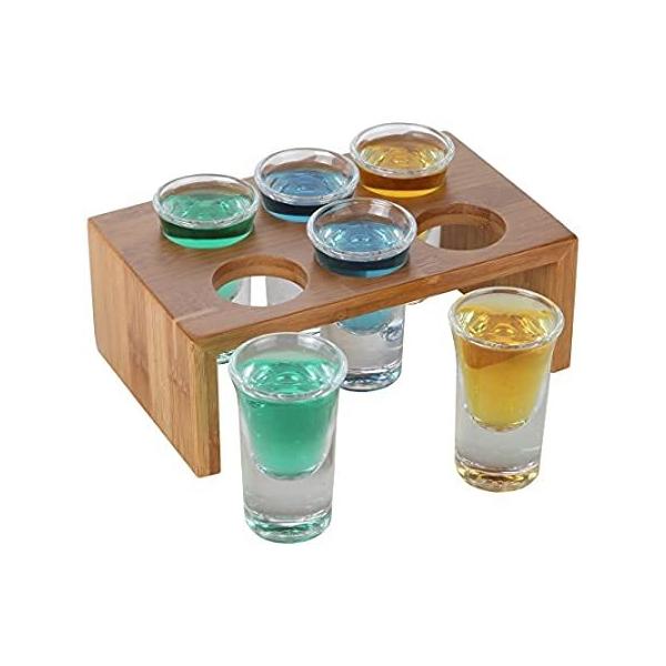 Lily's Home Bamboo Shot Glass Holder Set with 6 Crystal Clear Shot Glasses,