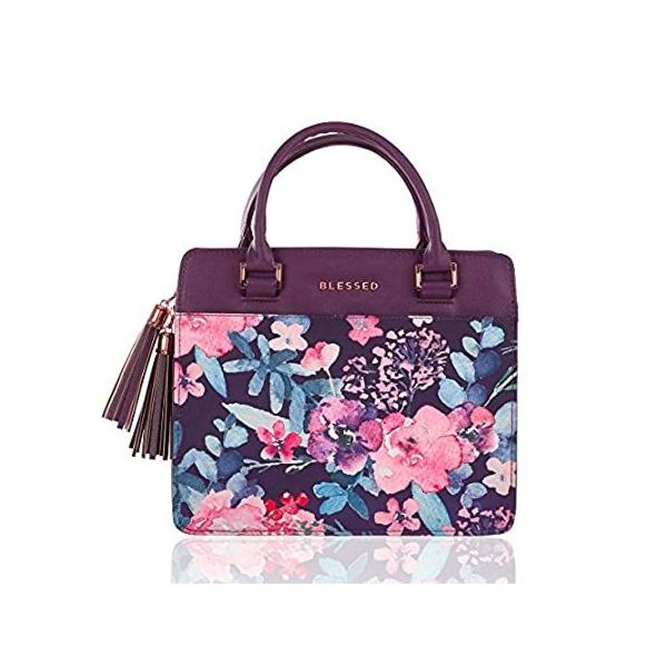 Blessed Purse Style Bible Cover for Women Black Faux Leather, Purple Floral