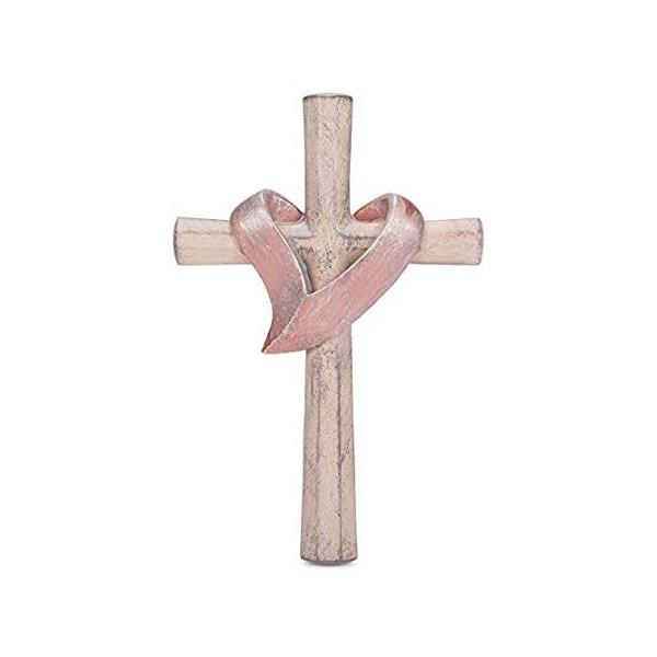 Cross With Heart Sash Distressed Patina Bronze Tone 6 x 11 Resin Stone Wall