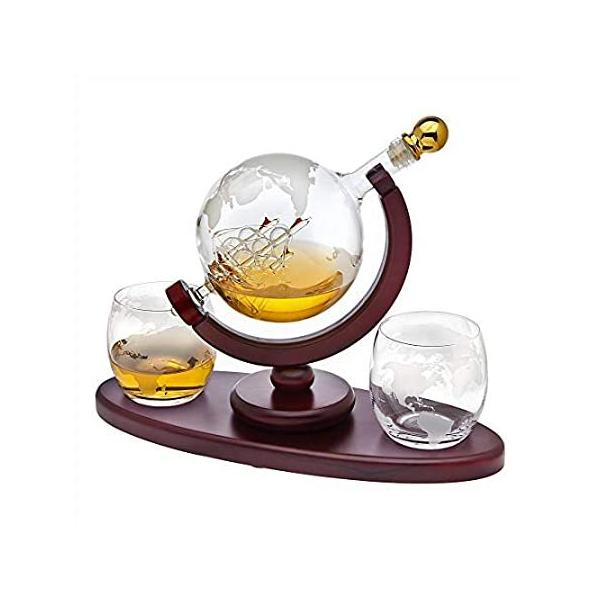 Whiskey decanter globe set with 2 etched globe whisky glasses - for Liquor,