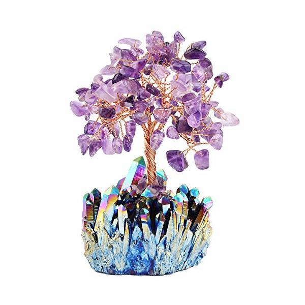 mookaitedecor Amethyst Crystal Tree, Quartz Cluster Rainbow Titanium Crystals Base Bonsai Money Tree for Wealth and Luck