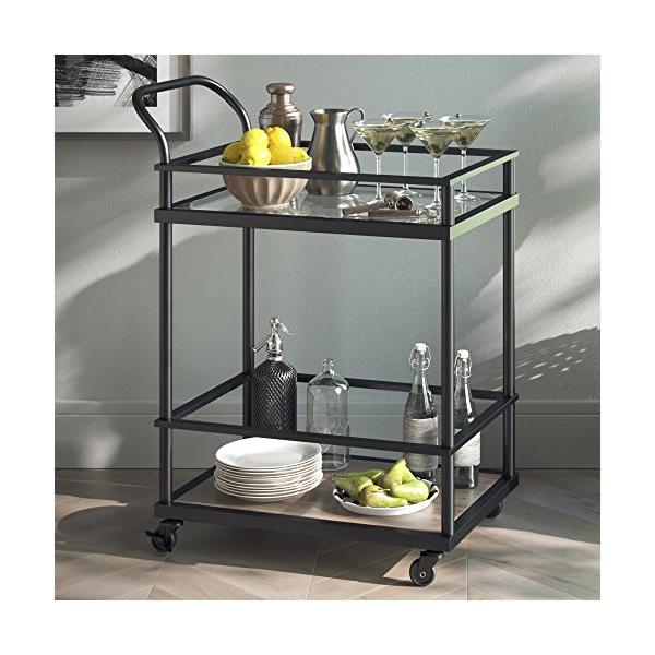 Nathan James Carter Rolling Bar and Serving Cart 2-Tiered Glass and Metal, Black/Brown