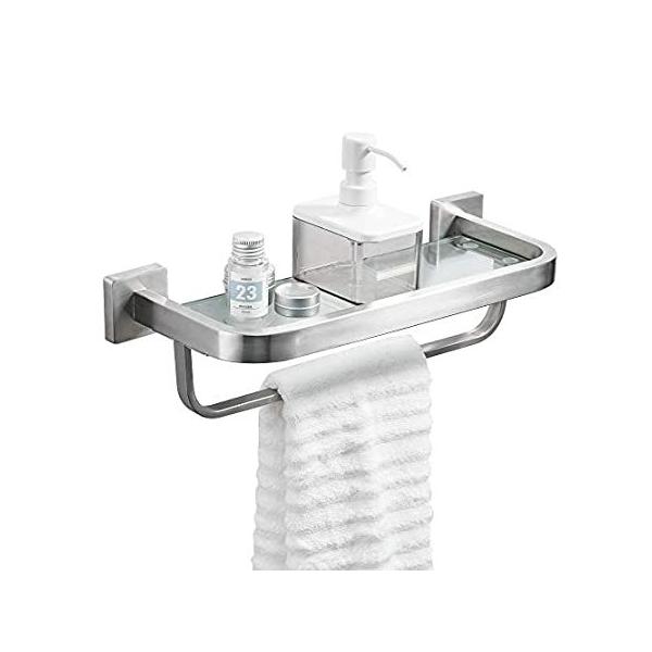BESy Bathroom Lavatory Glass Shelf with Towel Bar and Rail, Wall Mount with