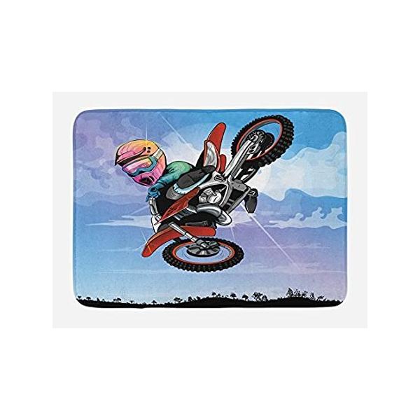 Lunarable Dirt Bike Bath Mat, Cartoon Motocross Rider Boy Making an Move in