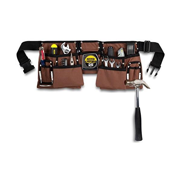 11 Pocket Brown and Black Heavy Duty Construction Tool Belt, Work Apron, Tool Pouch, with Poly Web Belt Quick Release Buckle - Adjusts from