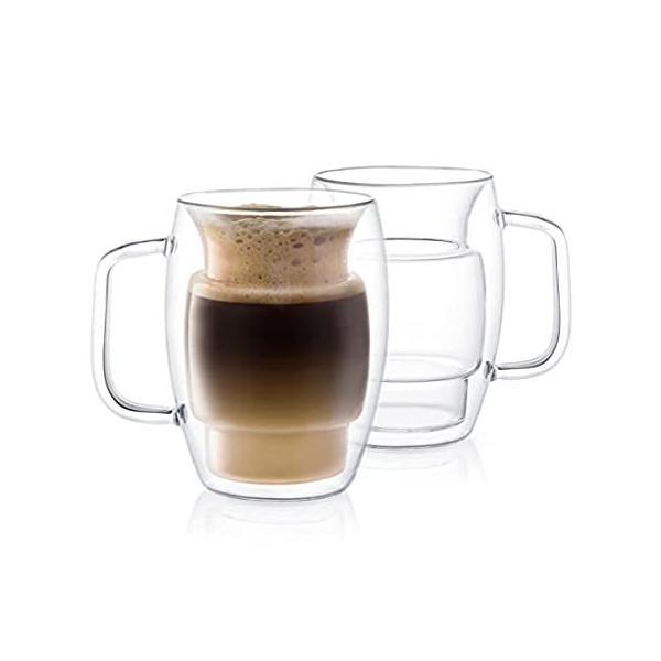 JoyJolt Cadus Glass Coffee Cups Double Wall Insulated Mugs Set of 2 Latte G sAi