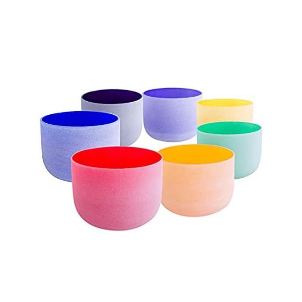 7"-12" 432Hz Chakra Tuned Set of 7 Colored Frosted Quartz Crystal Singing B