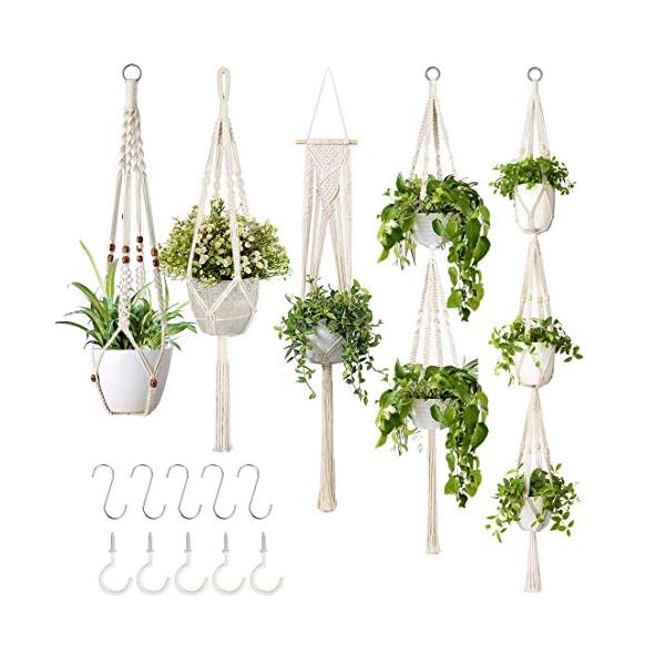 5-Pack Macrame Plant Hangers with 5 Hooks, Different Tiers, Handmade Cotton Rope Hanging Planters Set Flower Pots Holder Stand, for Indoor Outdoor Boh