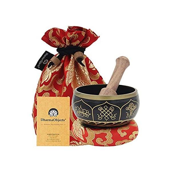 DharmaObjects ~ Tibetan OM MANI Singing Bowl Set ~ With Mallet, Brocade Cus
