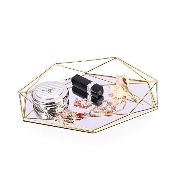 Decorative Prisma Tray Mirror Gold Metal Vintage Jewelry Vanity Perfume Cosmetic Makeup Organizer Ornate Trinket Table Tray Desk Tabletop Decor Gift f