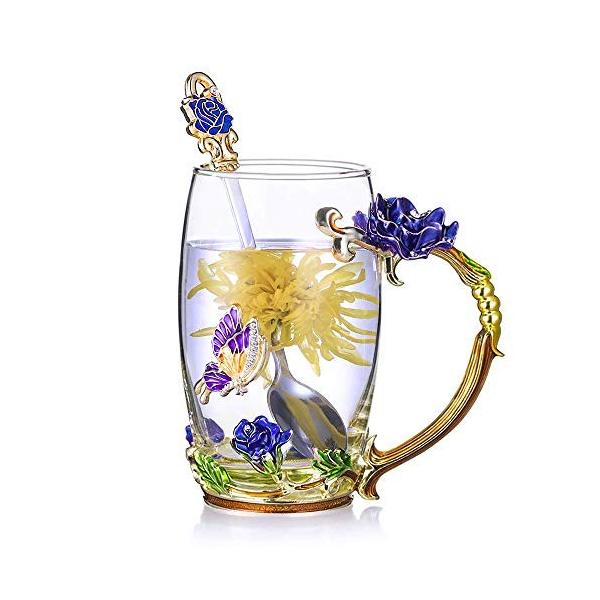 Tea Cup Glass Coffee Mugs Enamel Rose Flower Butterfly Drinking Cups with Spoon Set Unique Gifts for Birthday Wedding Christmas Blue Rose Tall Mug 12o