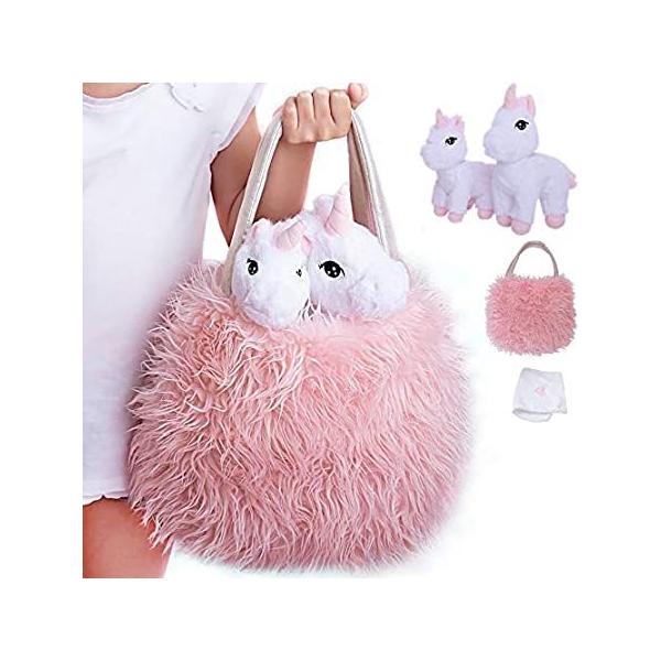 Unicorn Gift for Girls 4 Pcs Set. Baby and Mommy Unicorn Toy, XL Furry Bag