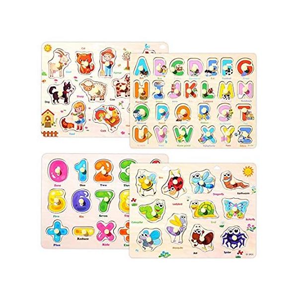 Wooden Peg Puzzles Set for Toddlers 3 4 Years Old, Alphabet ABC, Numbers an