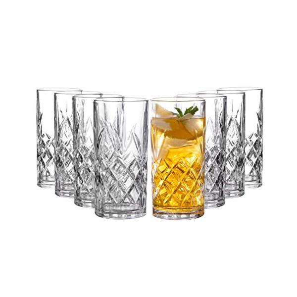 Clovelly Tall Highball Glasses Set of 8, 12 Ounce Cups, Textured Designer Glassware for Drinking Water, Beer, or Soda, Trendy and Elegant Dishware, Di