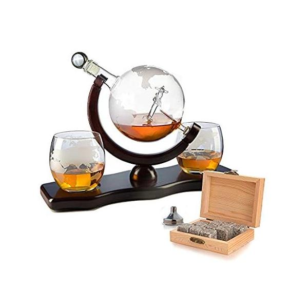 Etched World Decanter Whiskey Globe - Antique Airplane The Wine Savant 850m