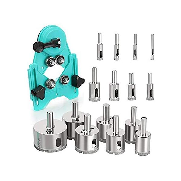 Hole Saw Set,15Pcs Diamond Drill Bits with Hole Saw Guide Jig Fixture,Coate