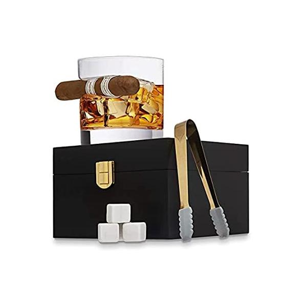 Godinger Cigar Whiskey Glass Wooden Gift Box Set with Old Fashioned Glass,