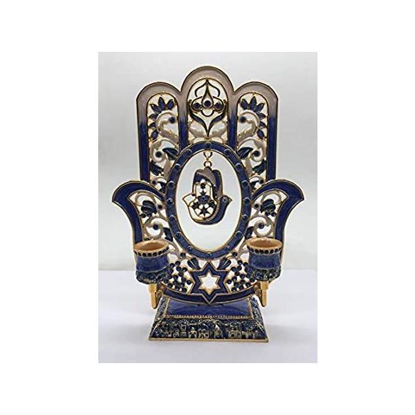 Gorgeous Blue Hamsa/Hamesh Hand Shabbat Candle Holder Embellished with Genu