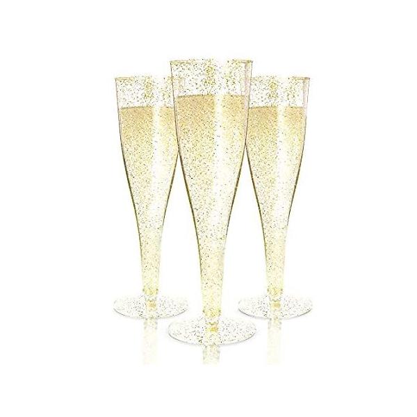 24 Plastic Champagne Flutes Disposable | Gold Glitter Plastic Champagne Gla