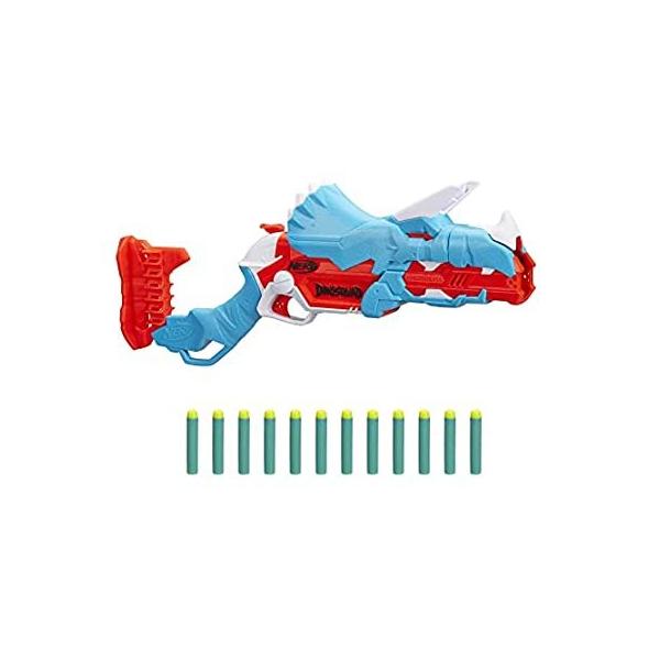 NERF DinoSquad Tricera-Blast Dart Blaster, Break-Open 3-Dart Loading, 12 Of sAi