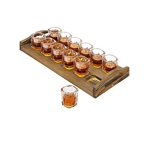 MyGift Rustic Burnt Brown Solid Wood Party Shots Serving Tray Set with 12 (