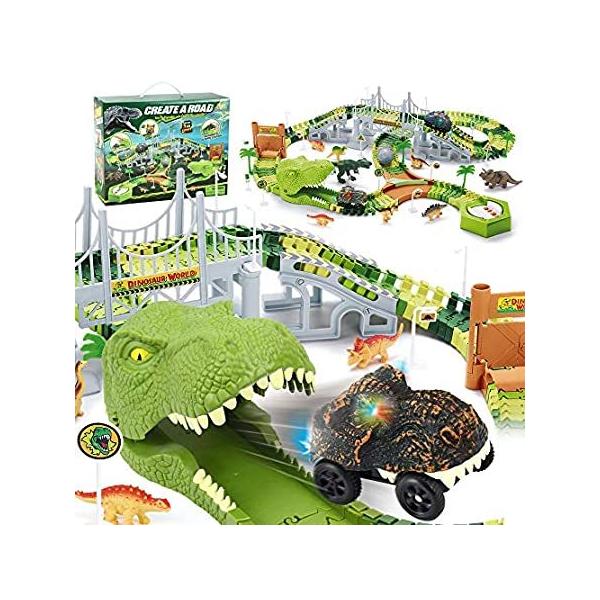Dinosaur Toys Race Track, 144pcs Flexible Track with 2 Dino Cars, Create a  ���s�A���i
