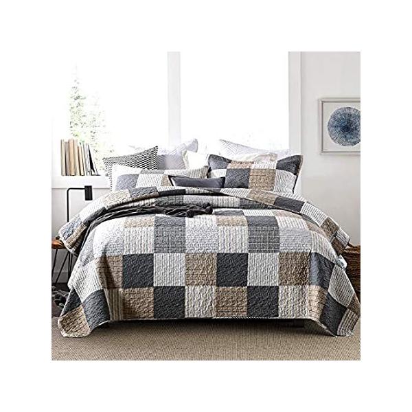 Finlonte Quilt Bedspread Sets - Cotton Grey Black Brown Plaid Patchwork Qui