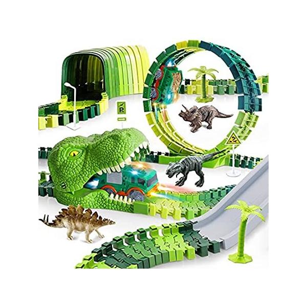 Dinosaur Toys Race Track -200+pcs Flexible Train Tracks with 2 Race Cars, C sAi