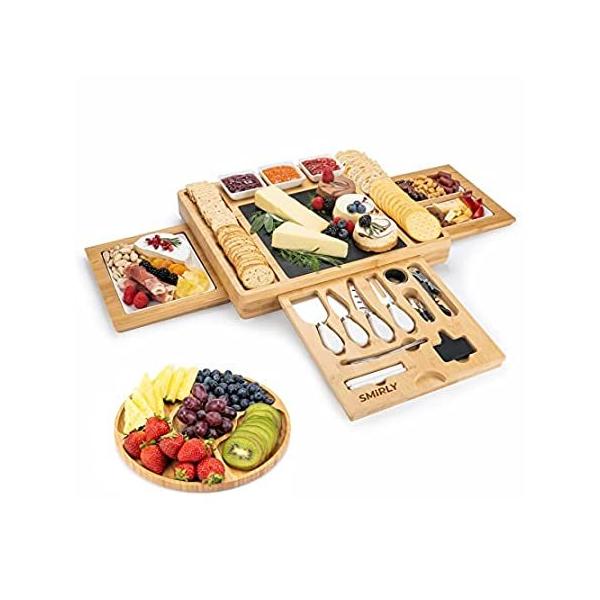 SMIRLY Bamboo Cheese Board and Knife Set: Extra Large Charcuterie Board Set sAi