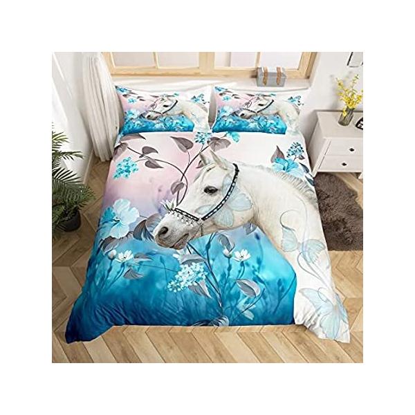 Castle Fairy White Horse Animal Duvet Cover Queen Size,Fantasy Butterfly Wi sAi