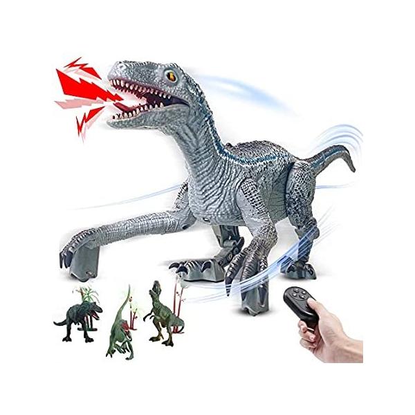 Remote Control Dinosaur Toys for Kids 3-5 5-7, Rc Velociraptor Dinosaur Gift Toys Set for Kids Age 2 3 4 5 Year olds Boys. (Gray) sAi