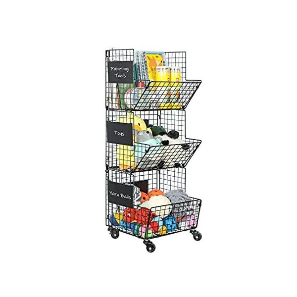 3 Tier Rolling Toy Organizer Basket - Metal Wire Baskets with Wheel, S-Hook sAi