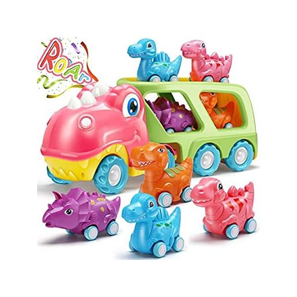 Dinosaur Car Toy for Toddler Girl, Dino Carrier Truck with 4 Mini Cartoon P ���s�A���i