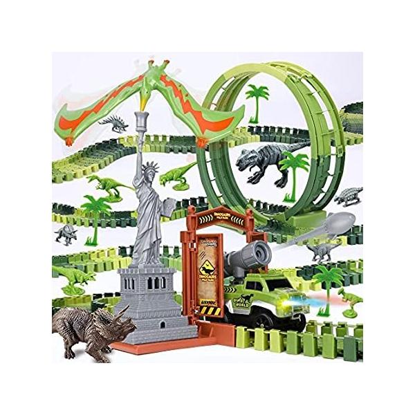 Dinosaur Toys Race Track,147 PCS Flexible Race Track w/ LED Light Cars,Crea ���s�A���i