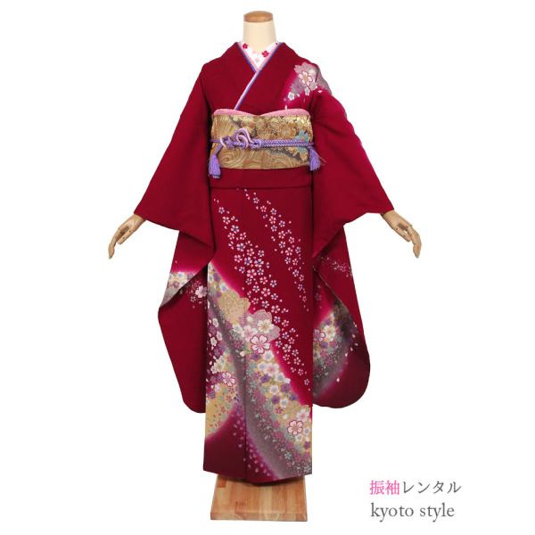 振袖　成人式　赤　エンジ　ふくよかなサイズ 振袖 レンタル 赤 【Mサイズ 赤黒金箔蝶】 振袖 レンタル 成人式