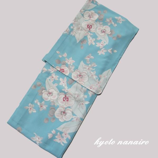 洗える着物 小紋 単衣 お仕立て上がり 水色地 胡蝶蘭 Kimono 34 京都なないろ 通販 Yahoo ショッピング