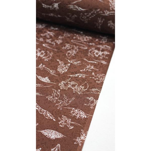 長襦袢 正絹 反物 綸子 カジュアル 鳥獣戯画 唐草 花 菱 茶 ブラウン