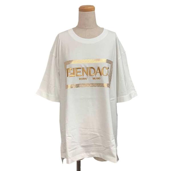 FENDACE フェンダーチェ ロゴ Tシャツ コットン ホワイト ゴールド #L クルーネック ロゴ刺繍 半袖 バックメドゥーサ FENDI  VERSACE 【新品】