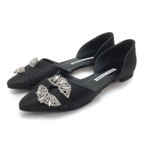 【美品】マノロブラニク★36★ポインテッドトゥ★フラット★パンプス★レザー★黒 MANOLO BLAHNIK マノロブラニク パンプス サテン ブラック #36