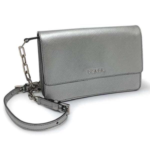 PRADA プラダ チェーンウォエット 牛革 カーフ型押し シルバー BT1045
