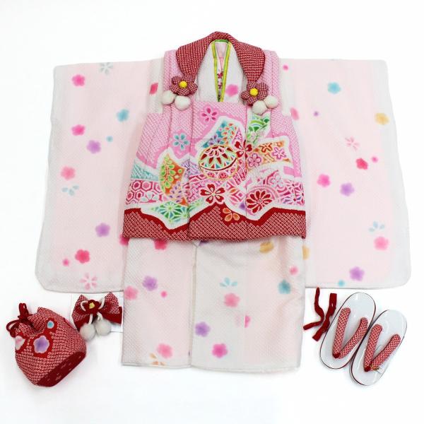 美品【白×ピンク絞り風】七五三 3歳 着物　被布コート　女の子　着物　6点セット 七五三 被布セット 3歳用 三歳 女の子 白 ピンク かわいい 絞り風 古典
