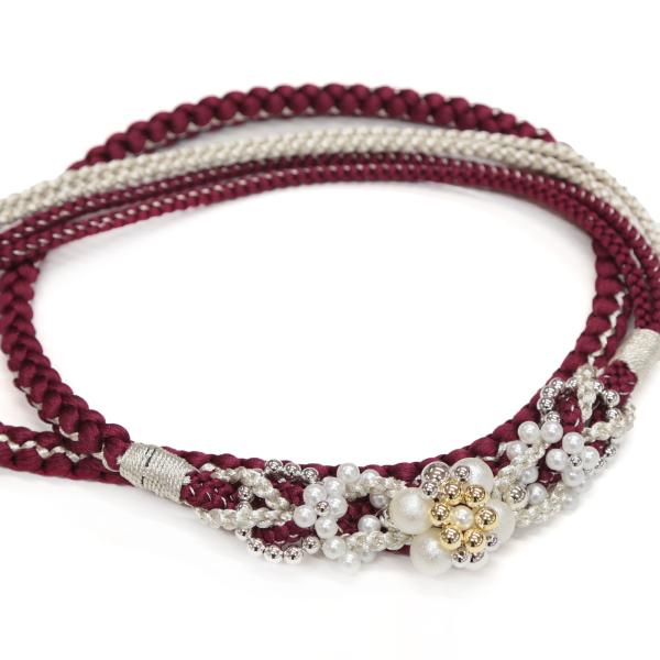 帯締め 成人式 振袖 パール 丸ぐけ 臙脂 えんじ エンジ ボルドー 赤 銀