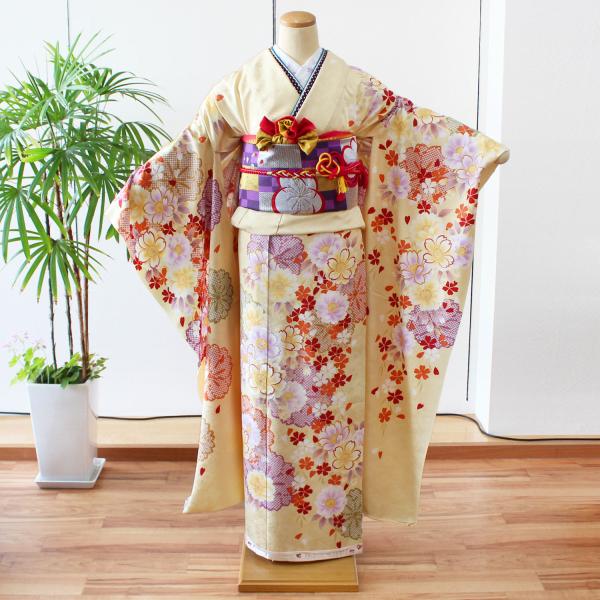 振袖＊袷着物 長尺 パステル花模様 礼装 淡黄色 正絹 卒業式成人式＊1RY2 kyou-ka_b379