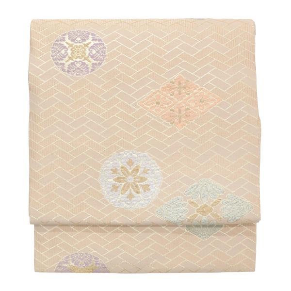 ら*び様 1200 華 名古屋帯 正絹 ベージュ 花柄 名古屋帯 うすだいだい 香色 肌色 花菱 丸紋 華紋 仕立て上がり 正絹