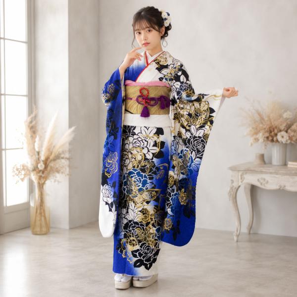 mama　正絹お振袖　単品　赤×白　バラ　身長162㎝まで　美品 振袖 レンタル 成人式 1月 白 身長 二十歳の集い 晴れ着 着物 フル