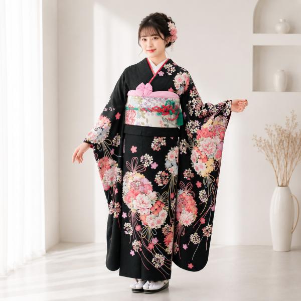 振袖 レンタル 成人式 1月 黒 身長 二十歳の集い 晴れ着 着物 フル