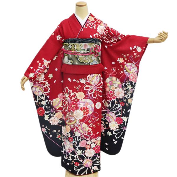 振袖レンタル 成人式 フルセット 1月 赤 黒 身長160〜164.5cm 鈴 桜