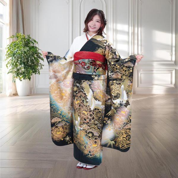 振袖レンタル 成人式 フルセット 1月 振袖 レンタル 黒 ブラック 金 鶴