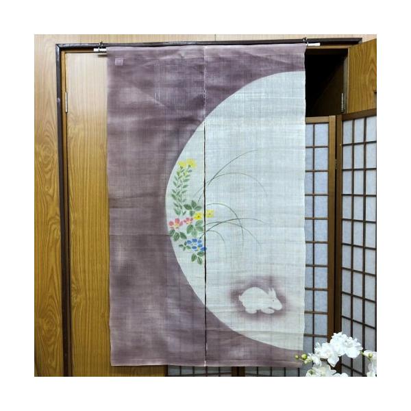 本麻のれん ロング丈 和風麻のれん 半月にうさぎ 薄紫 生成り ぼかし